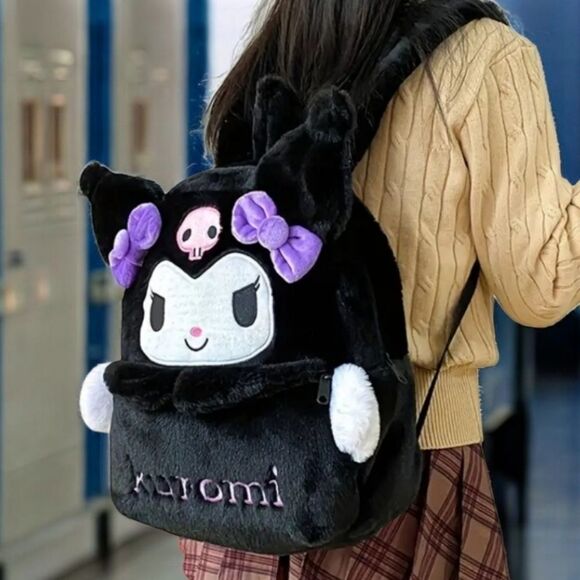 Hello Kitty Backpack Kuromi Embroidered Plush Furry Black 15" Book Bag Sanrio - Picture 4 of 14